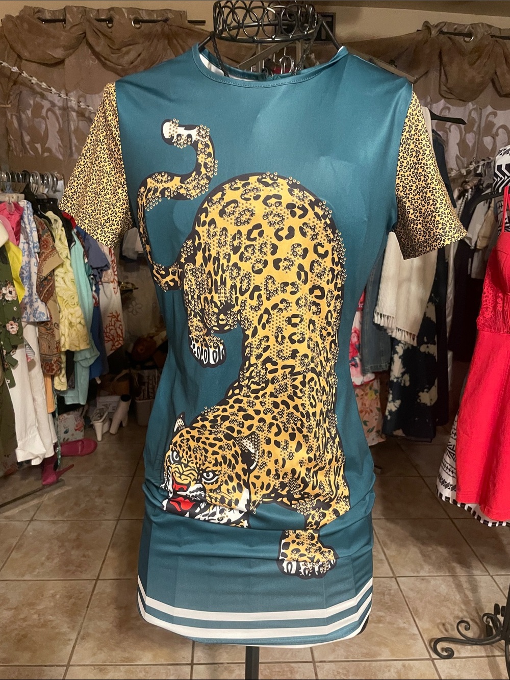 Teal Mini Dress with Leopard Graphic